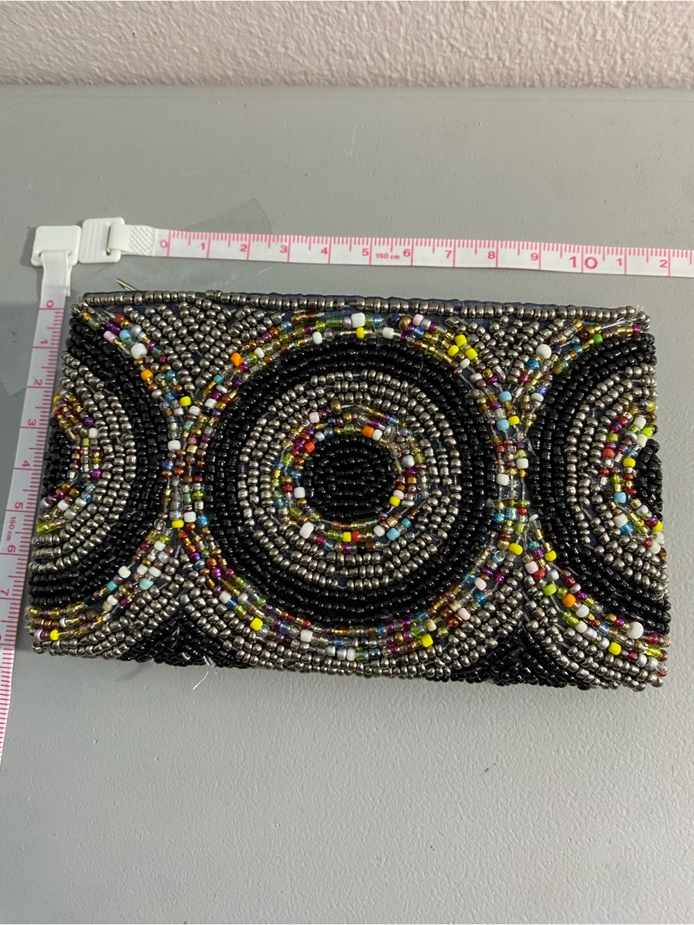 Beaded Black Multi-Color Circular Pattern Clutch Wallet